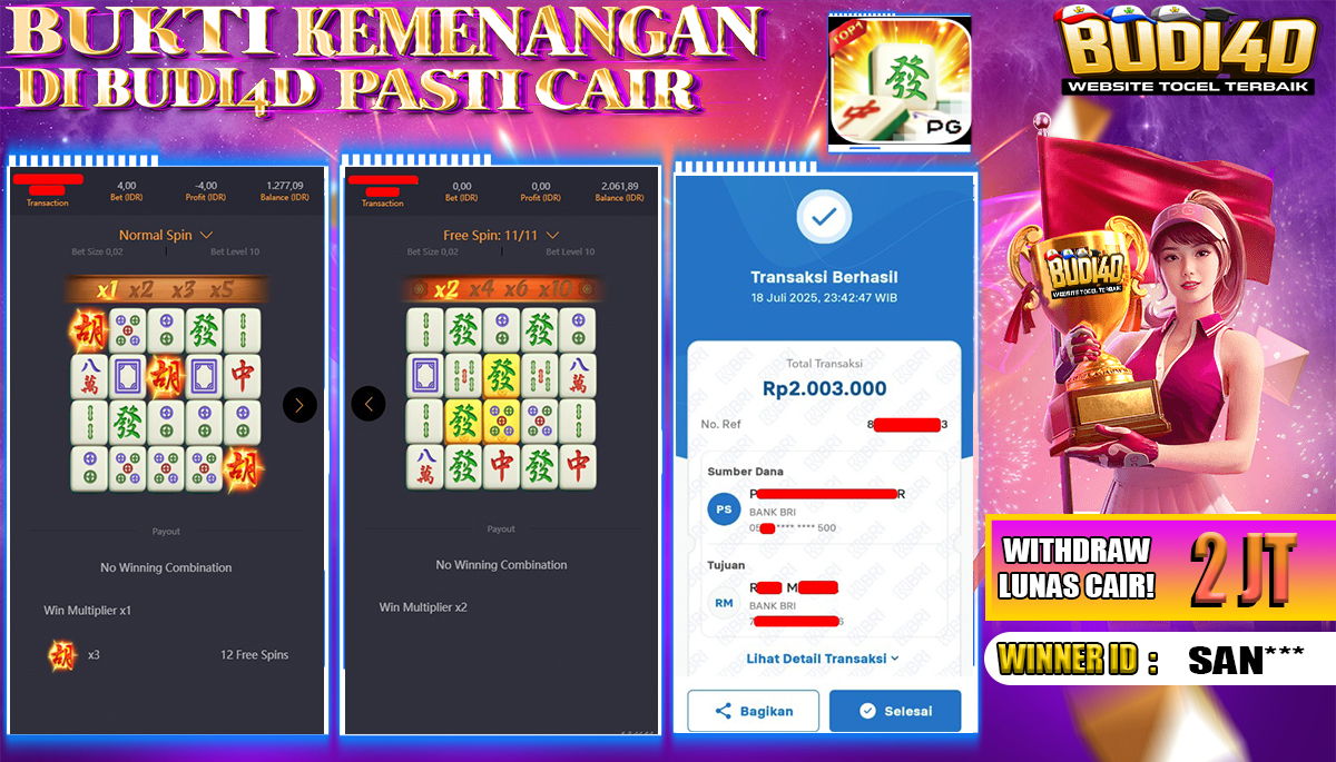 BUDI4D JACKPOT USERID: SAN**** SLOT PGSOFT MAHJONG WAYS Rp.2.003.000,- LUNAS